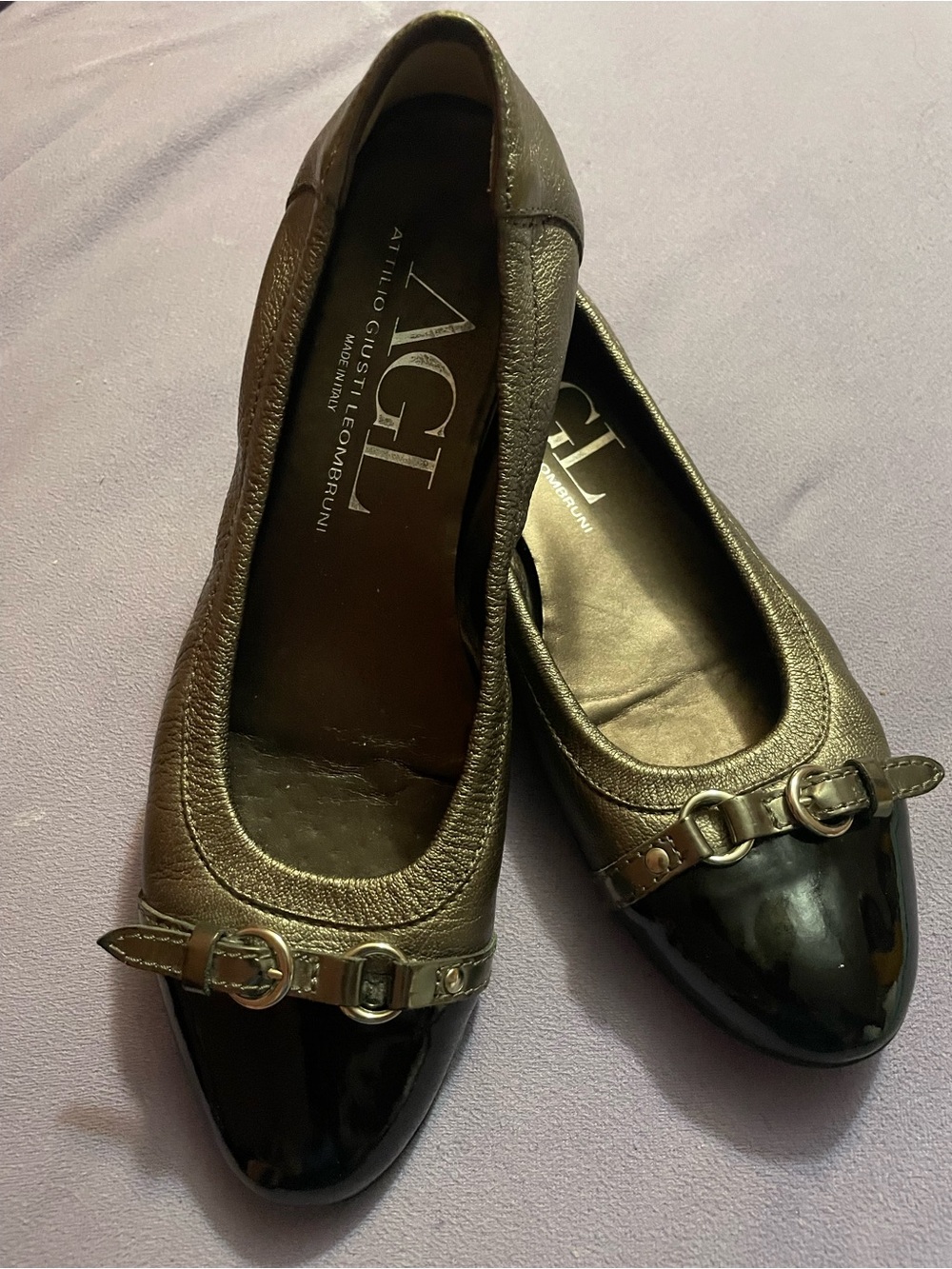 AGL Bronze Leather Ballet Flats with Black Patent Toe and Buckle